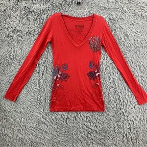 Sinful Shirt Womens Small Vneck Red Long Sleeve Spellout Roses